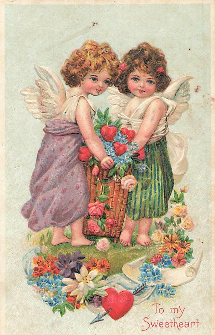 c1910  Young Angels Hearts Flowers Germany Valentines Day P328