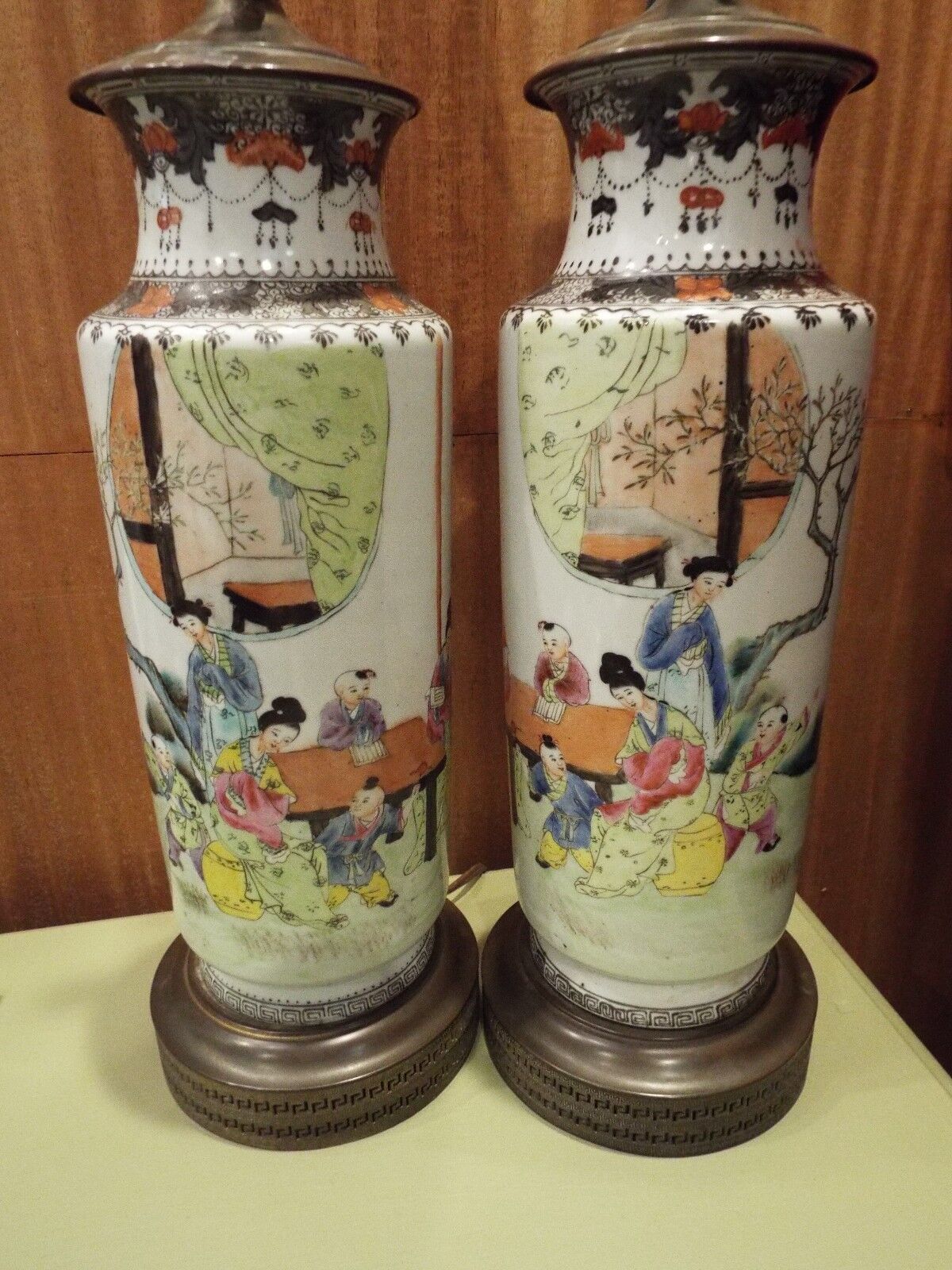 ANTIQUE VINTAGE PAIR CHINESE REPUBLIC HAND PAINTED VASE LAMPS GEISHA  STUDENTS 