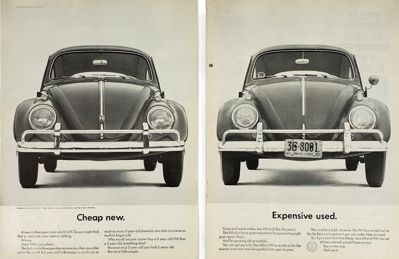 Volkswagen VW Bug Beetle Cheap New Expensive Used - 2 Page Print Ad 1962