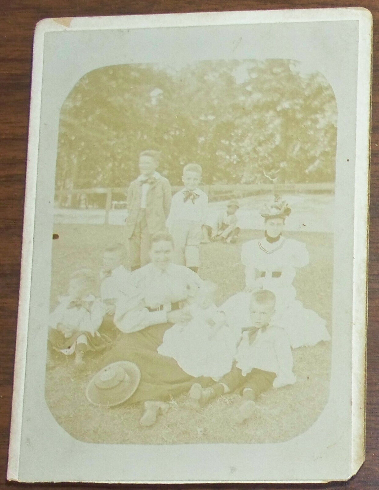 African American boy photo-bombing a caucasian group at a park cabinet photo