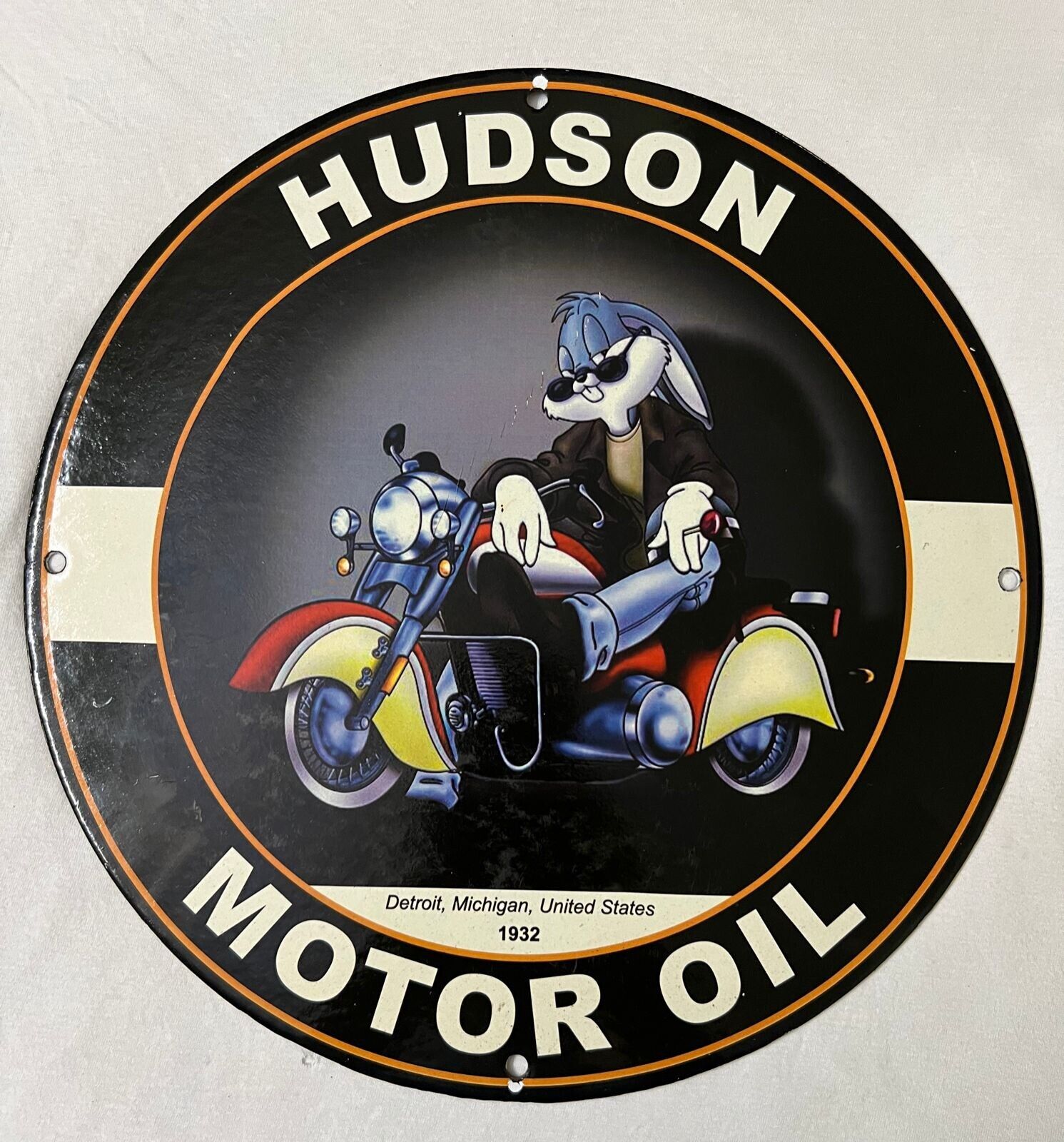 CLASSIC HUDSON MOTOR OIL & GAS PETROLEUM MOTORCYCLE GARAGE PORCELAIN ENAMEL SIGN