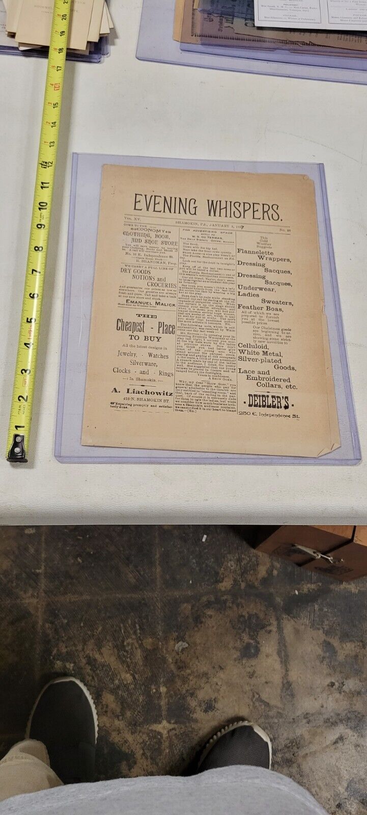 Old Rare 1897 Shamokin PA advertisement Evening Whispers bulletin Newspaper