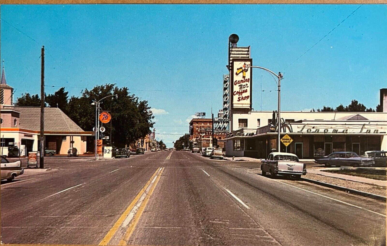 Winnemucca Nevada Main Street Gas Station Casino Old Cars Vintage Postcard c1950