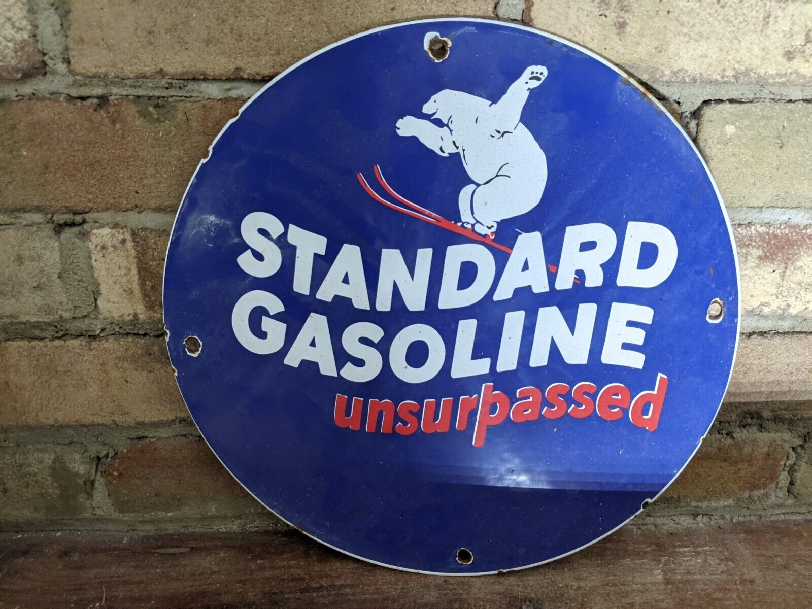VINTAGE STANDARD GASOLINE UNSURPASSED PORCELAIN GAS STATION PUMP METAL SIGN 12\