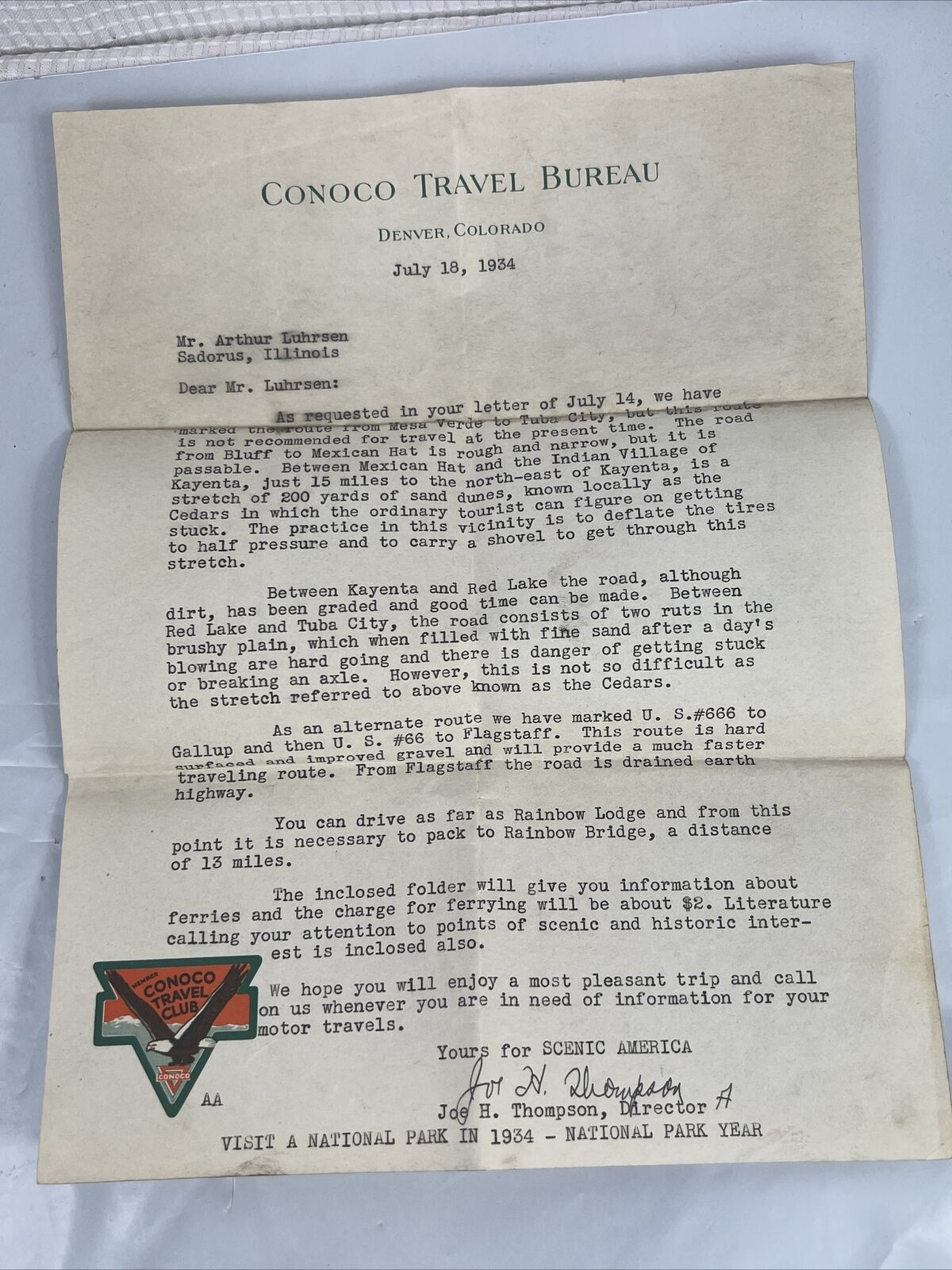 1937 Conoco Travel Bureau Denver Colorado Letter Sadorus Illinois 1937 Letter