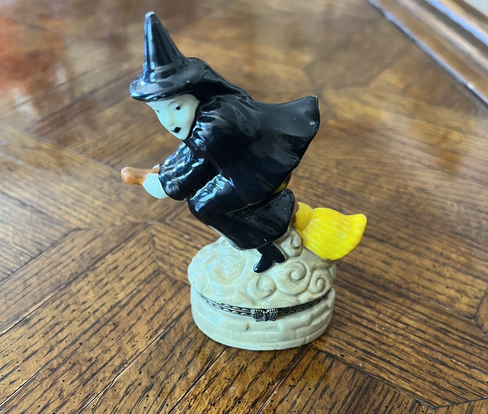 Flying Witch Broomstick Halloween, Trinket Box, Porcelain 4.5\