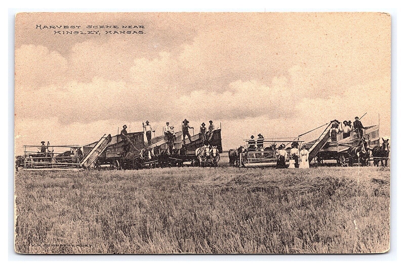 Postcard Harvest Scene Near Kinsley Kansas c1913 Postmark Threshing Machines