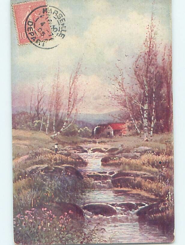 Pre-1907 foreign MAN IN THE DISTANCE FISHING IN COUNTRY STREAM 60k cards HL7580