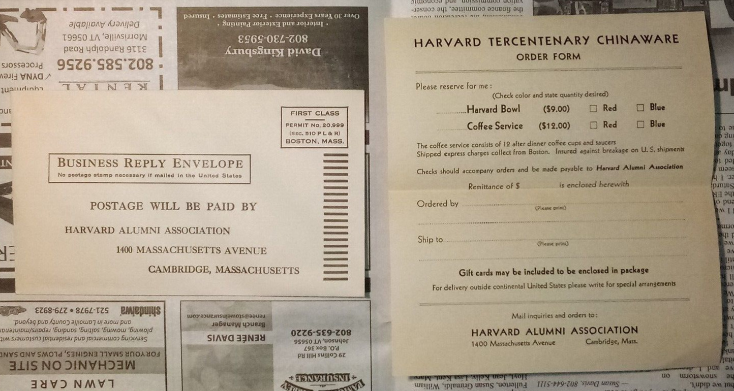 1936 Harvard University Tercentenary Chinaware Order Form & Envelope
