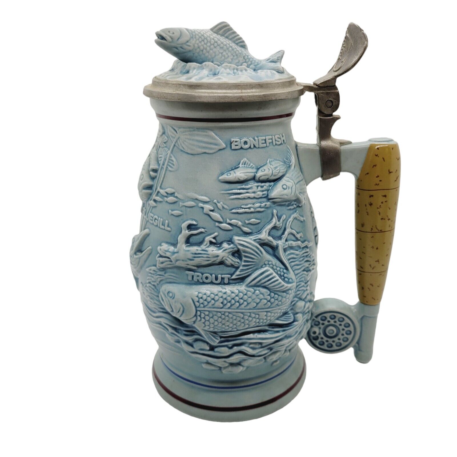 Avon 1990 Blue Fishing Stein Trout Bass Pike Rod Reel Handle Handcrafted Brazil 