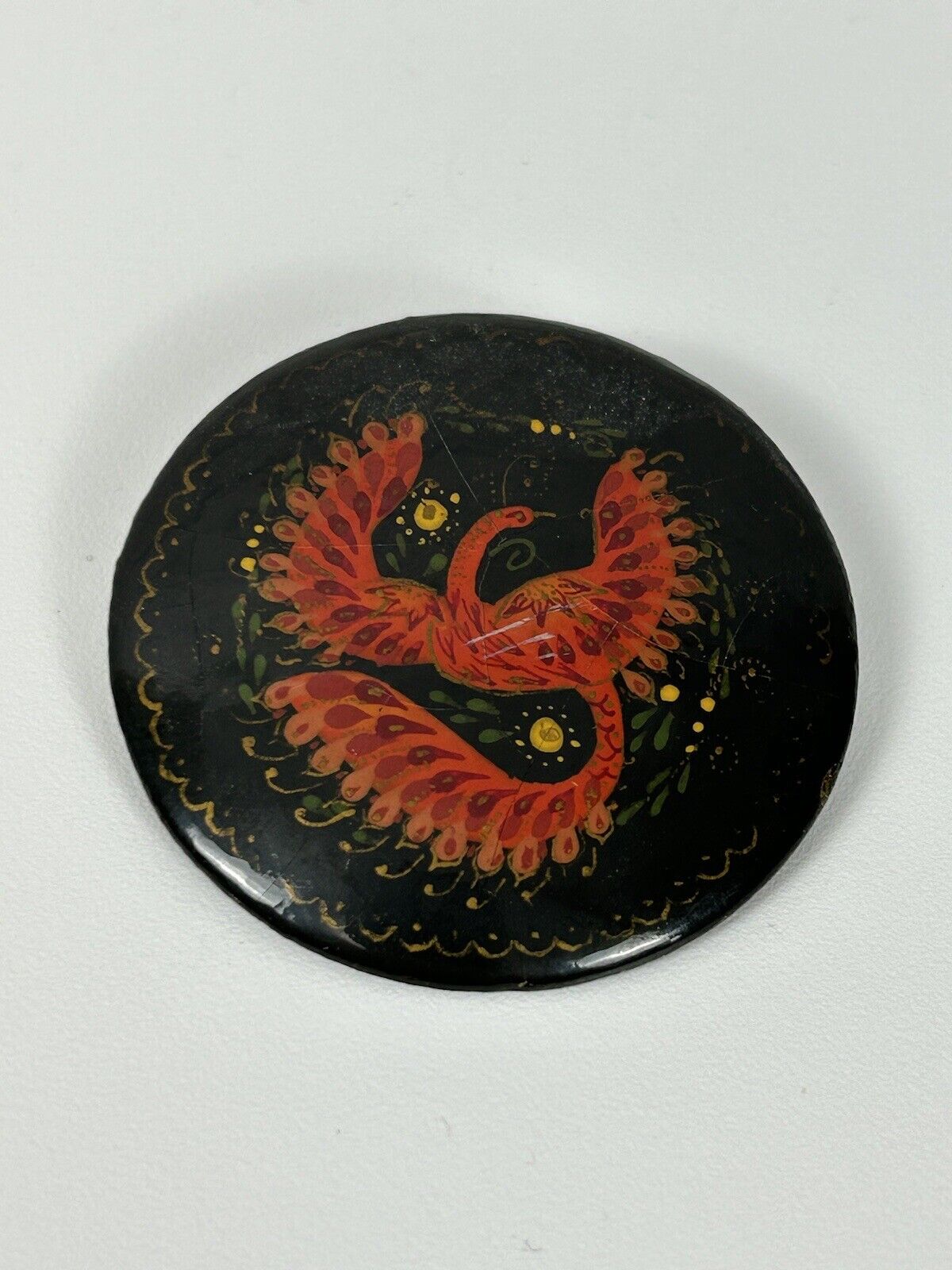 Vintage Russian Palekh Laquer Handpainted Phoenix Button Pin 2\