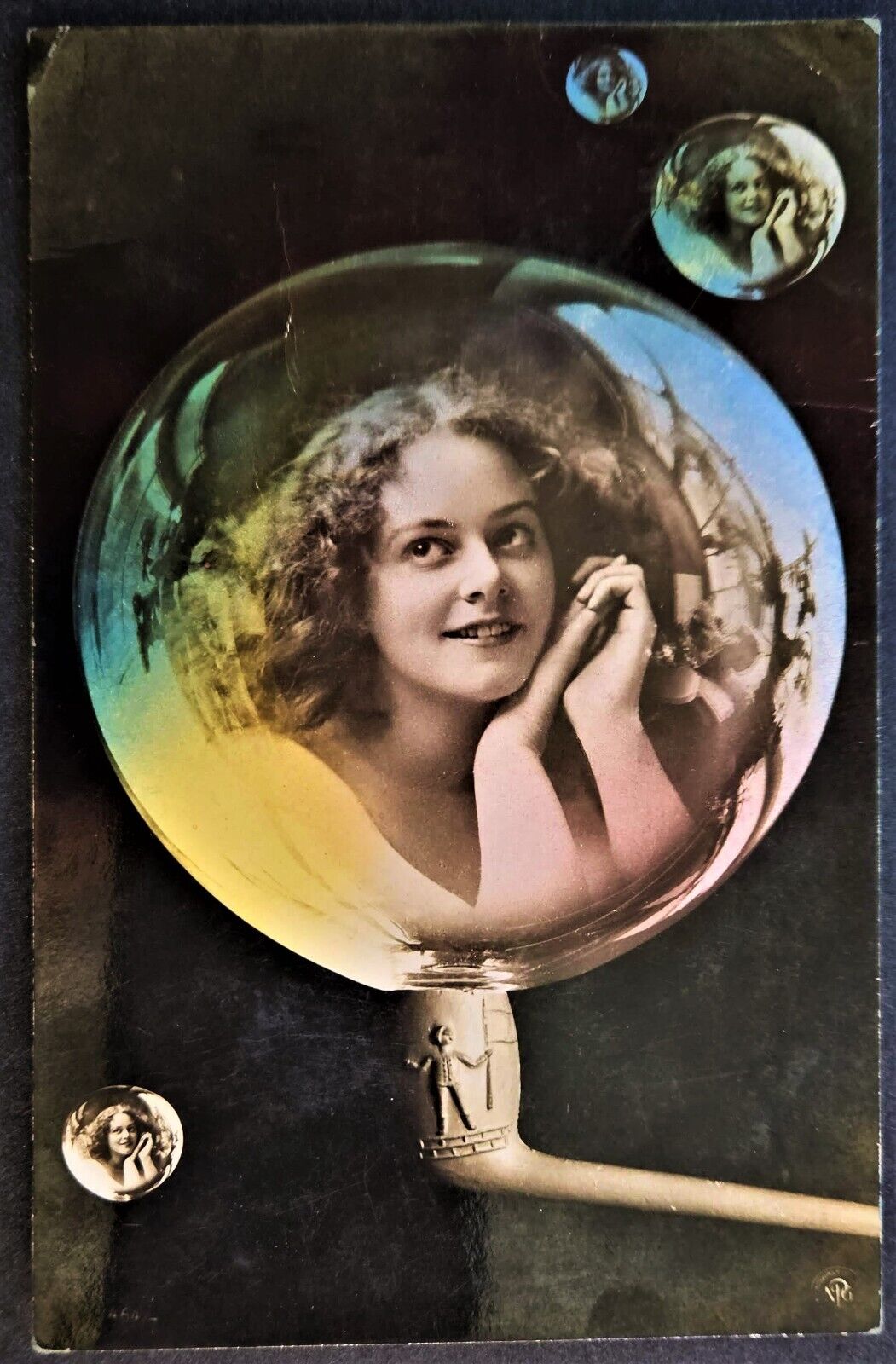 Hand Colored Real Photo, Beautiful Woman in Bubble on Pipe. Pre-1915, Fantasy.