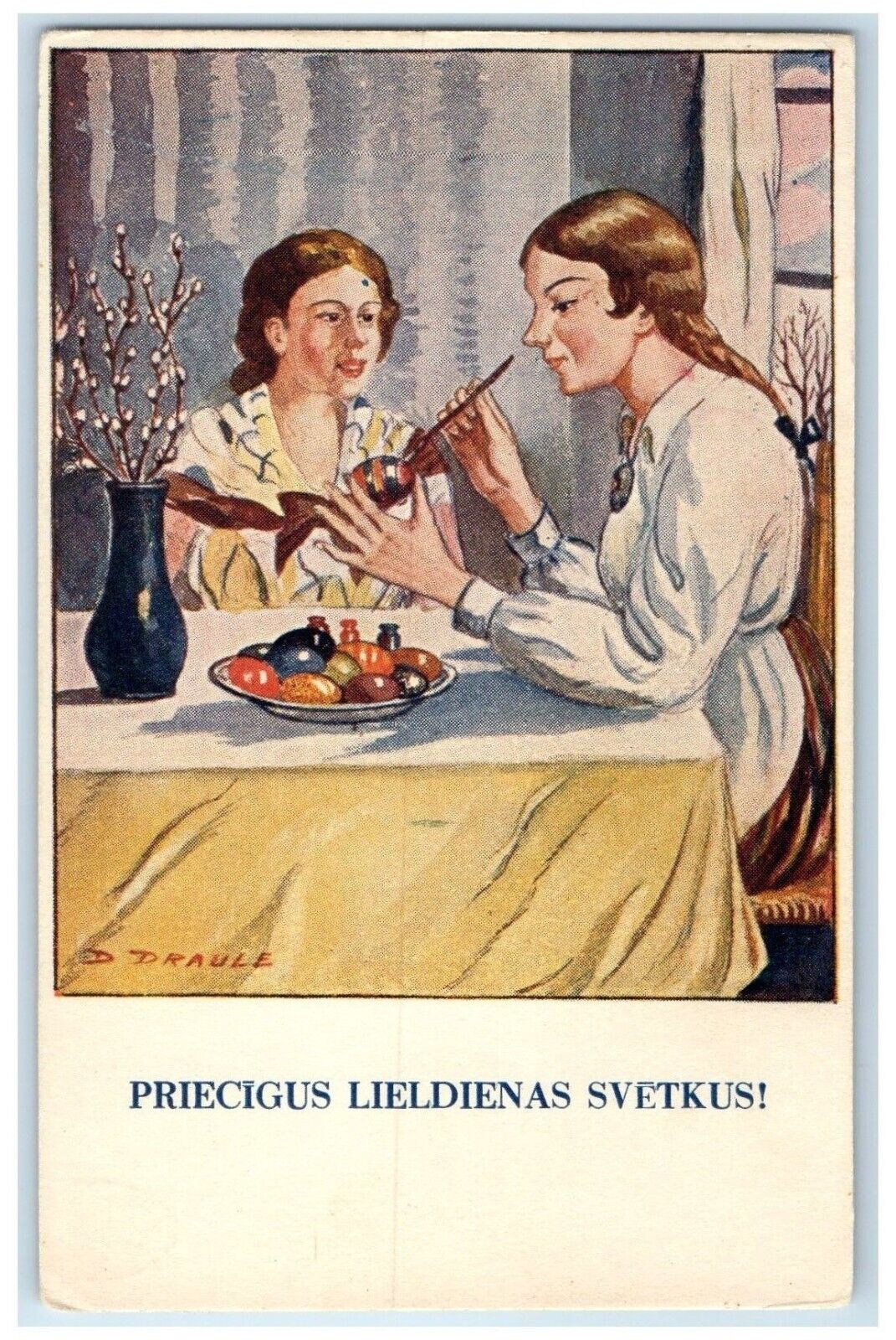 c1910's Easter Girls Painting Eggs Pipe Berry Latvia Russia Antique Postcard