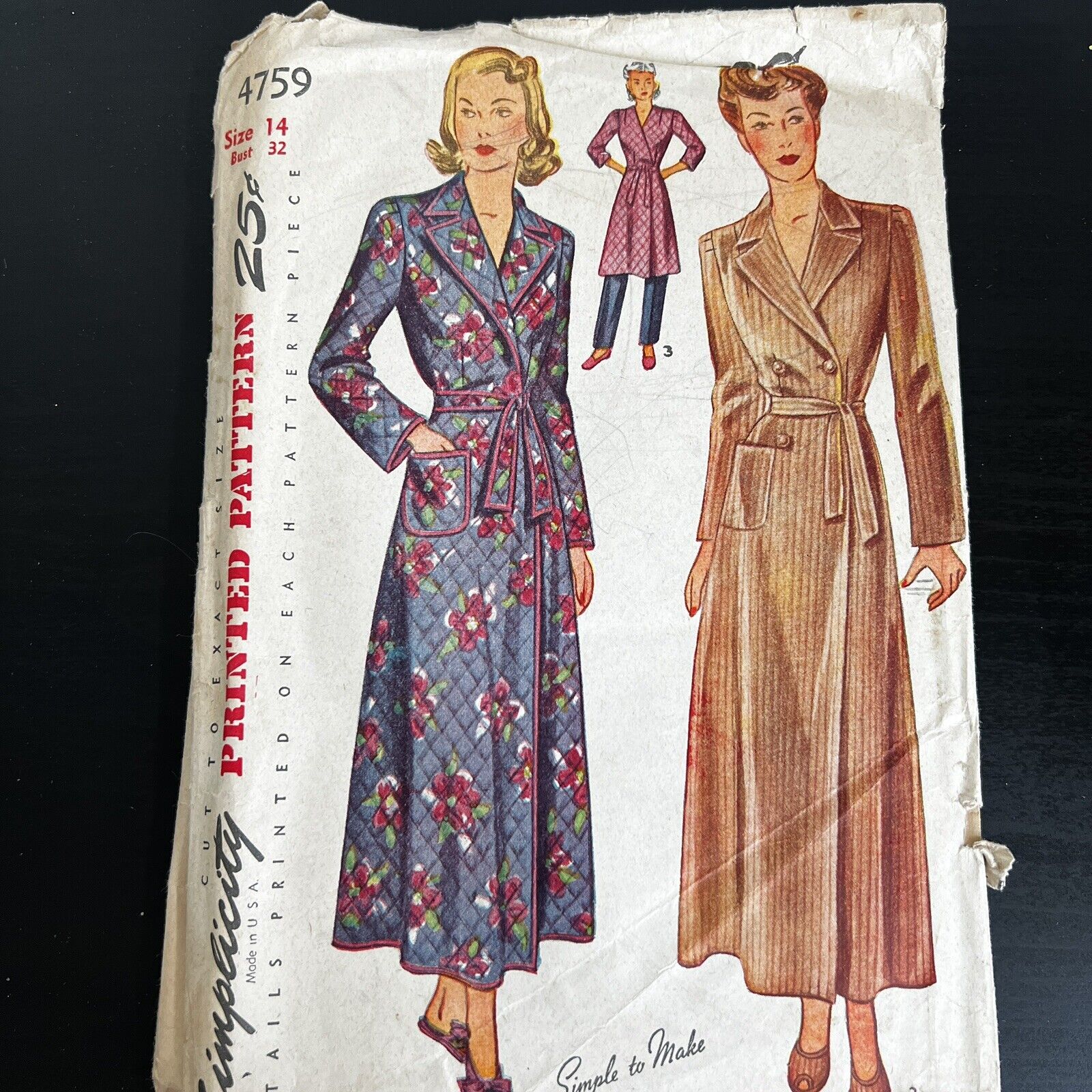 Vintage 1940s Simplicity 4759 Belted Robe + Housecoat Sewing Pattern 14 XS CUT