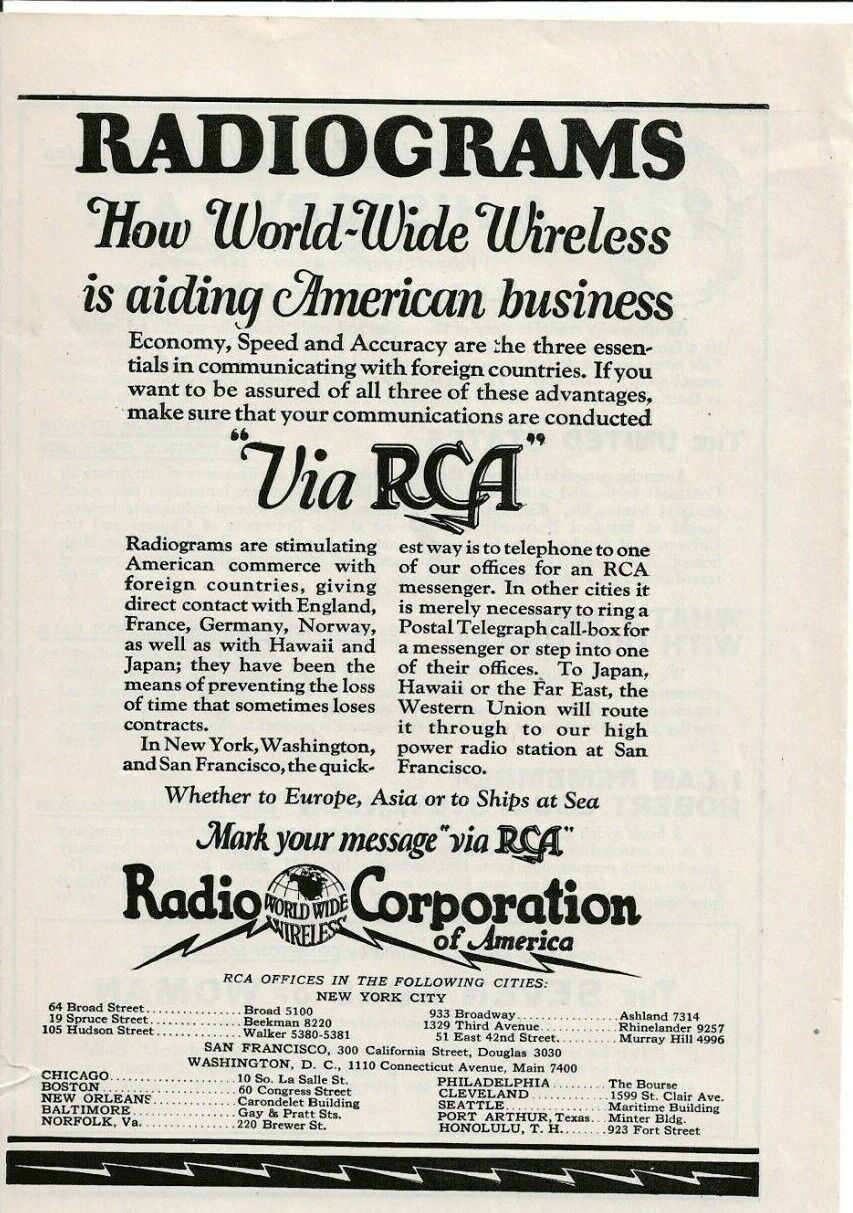 1923 RCA Vintage Print Ad RADIOGRAMS How World Wide Wireless is aiding Americans