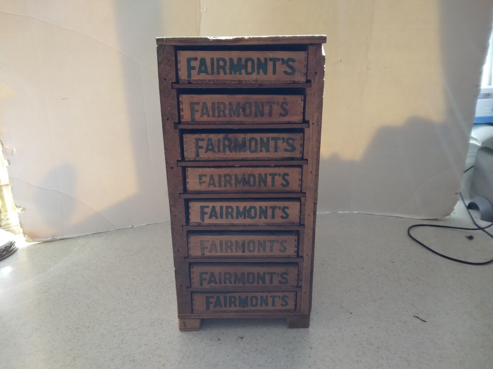 Primitive Fairmont\'s Brand Cheese Box Hand Made Store Display Cabinet Circa 1930