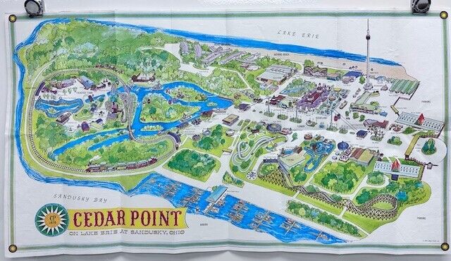 1970 Cedar Point Fold-Out Theme Park Map Sandusky OH Blue Streak 33.5” x 18.5”