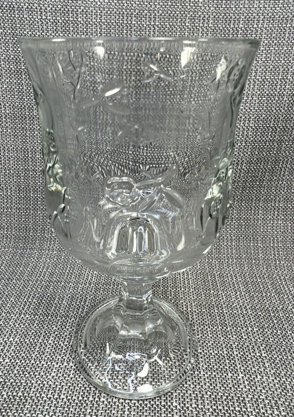 Anchor Hocking Goblet Savannah Heavy Clear Glass 7 1/4” Embossed Roses One Glass