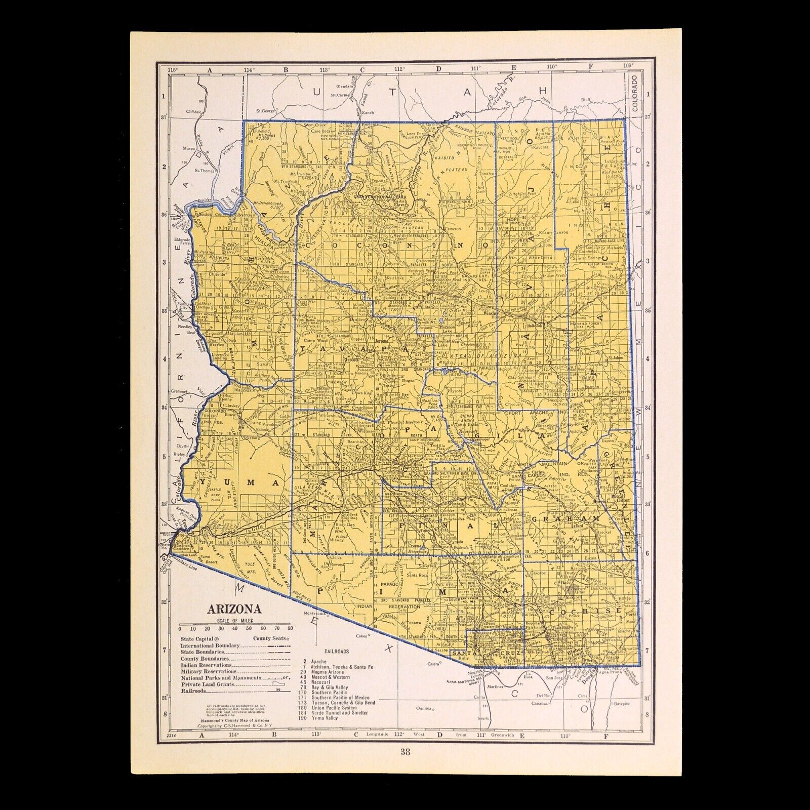 ca1939 ARIZONA Railroad Map Depot Towns SP RR Historic Original Atlas Map