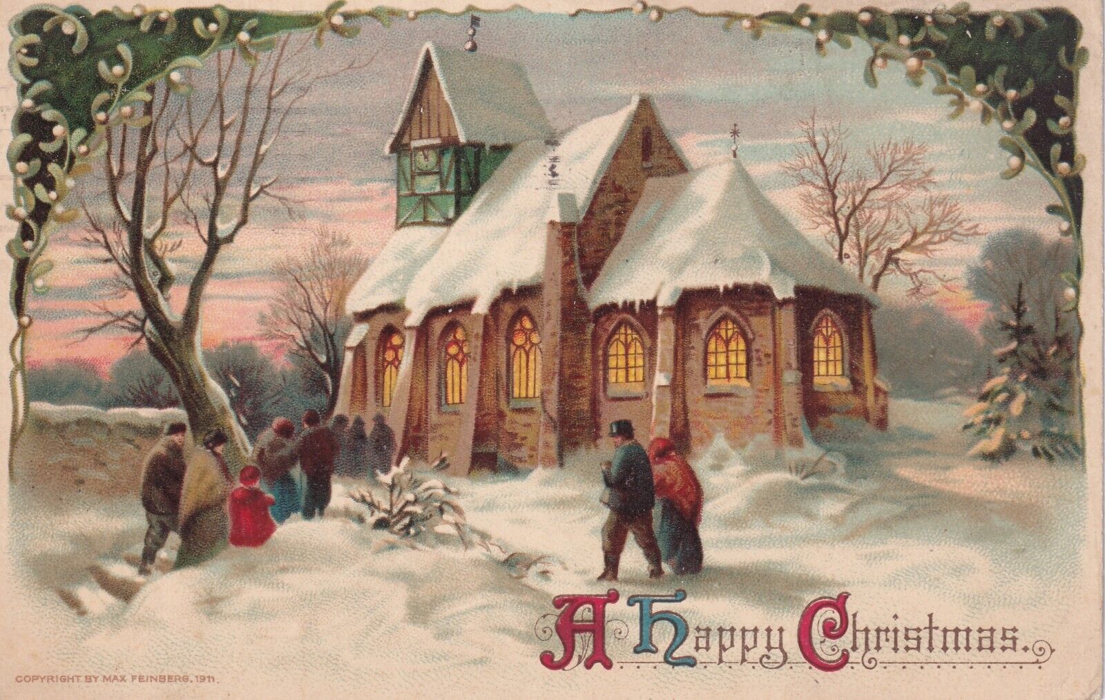 Vintage Postcard A Happy Christmas Greetings People Outside Church Max Feinberg