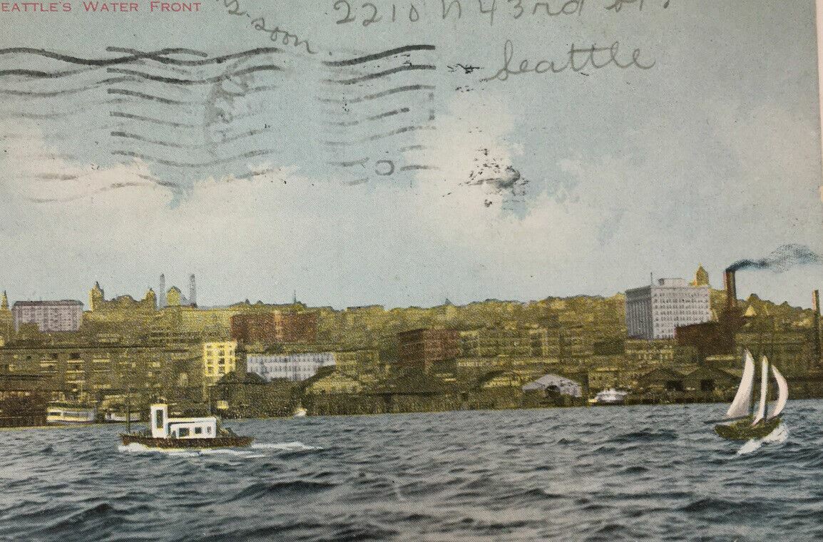 1910 Section of Seattle\'s Water Front Postcard Sailboat Boat