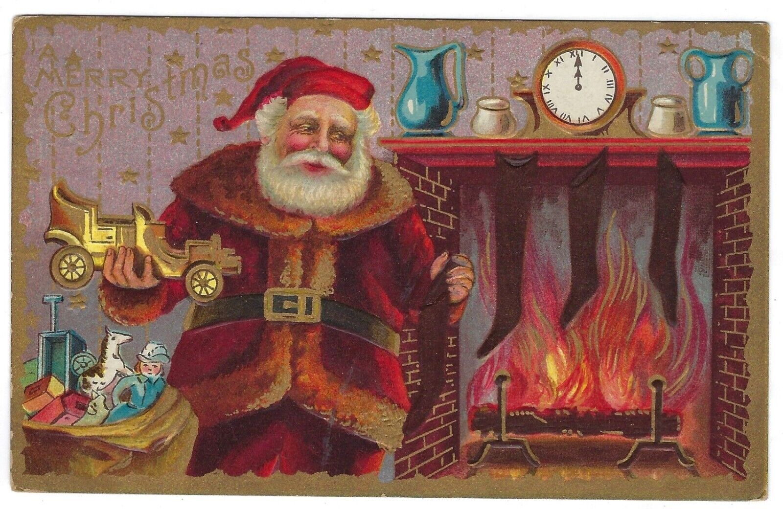 Santa Claus Christmas Postcard c1910 Fireplace Toys Stocking