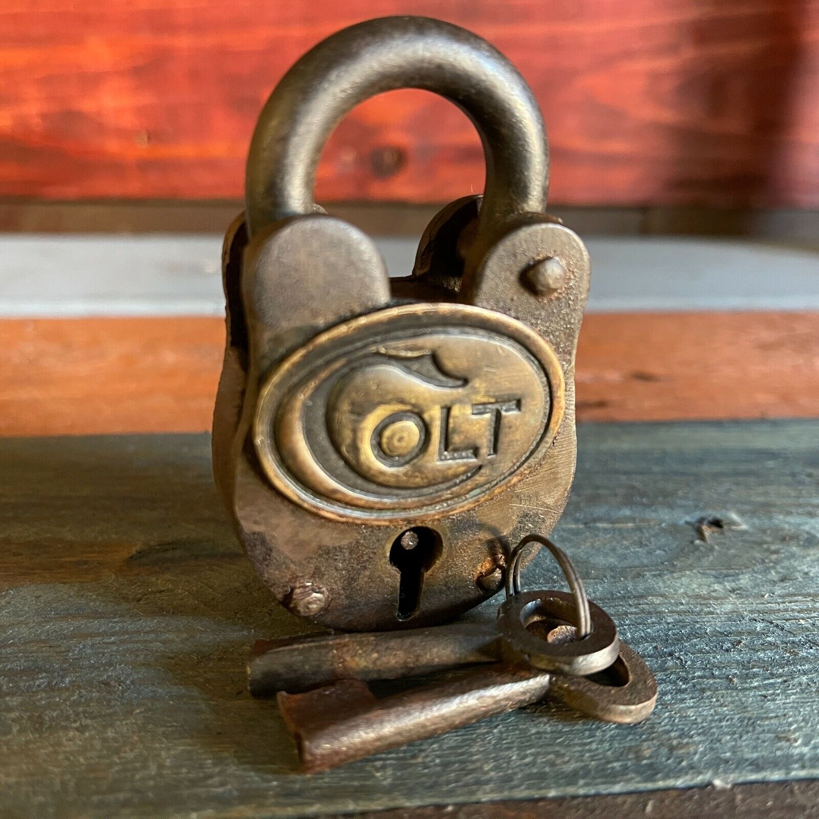 Colt Firearms Cast Iron Lock, Padlock, Brass Tag Colt Logo, Antique Finish
