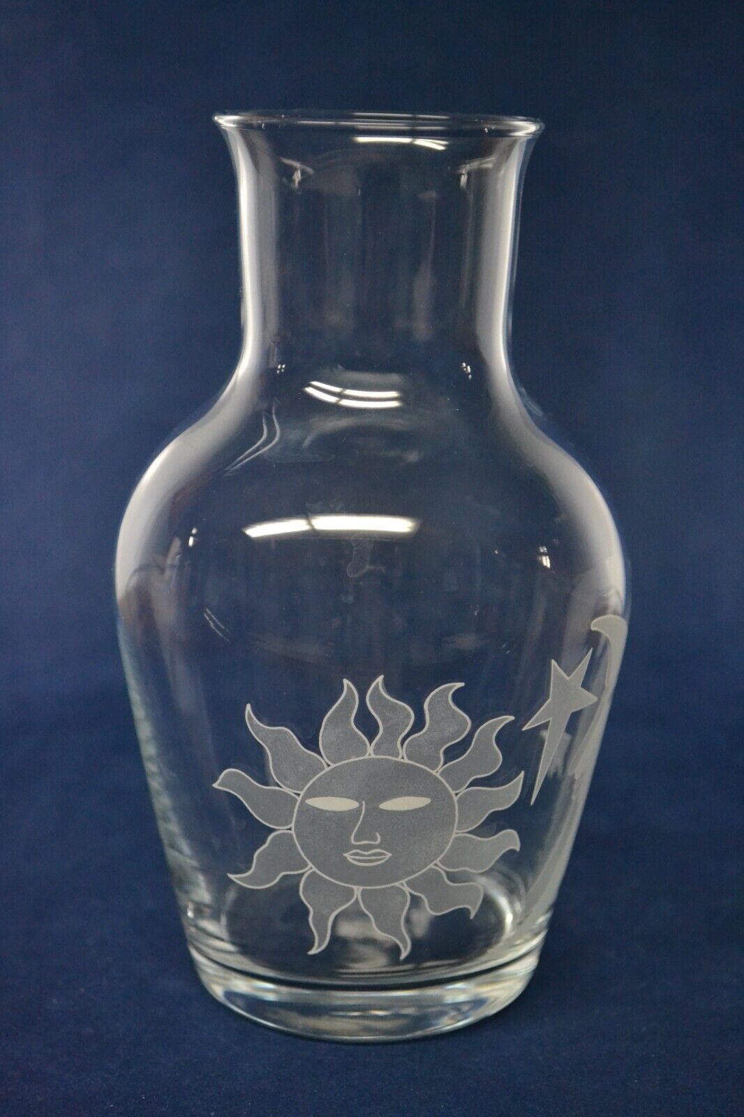 Vintage Celestial Glass Vase  Carafe Etched Sun Moon Stars 6.75\