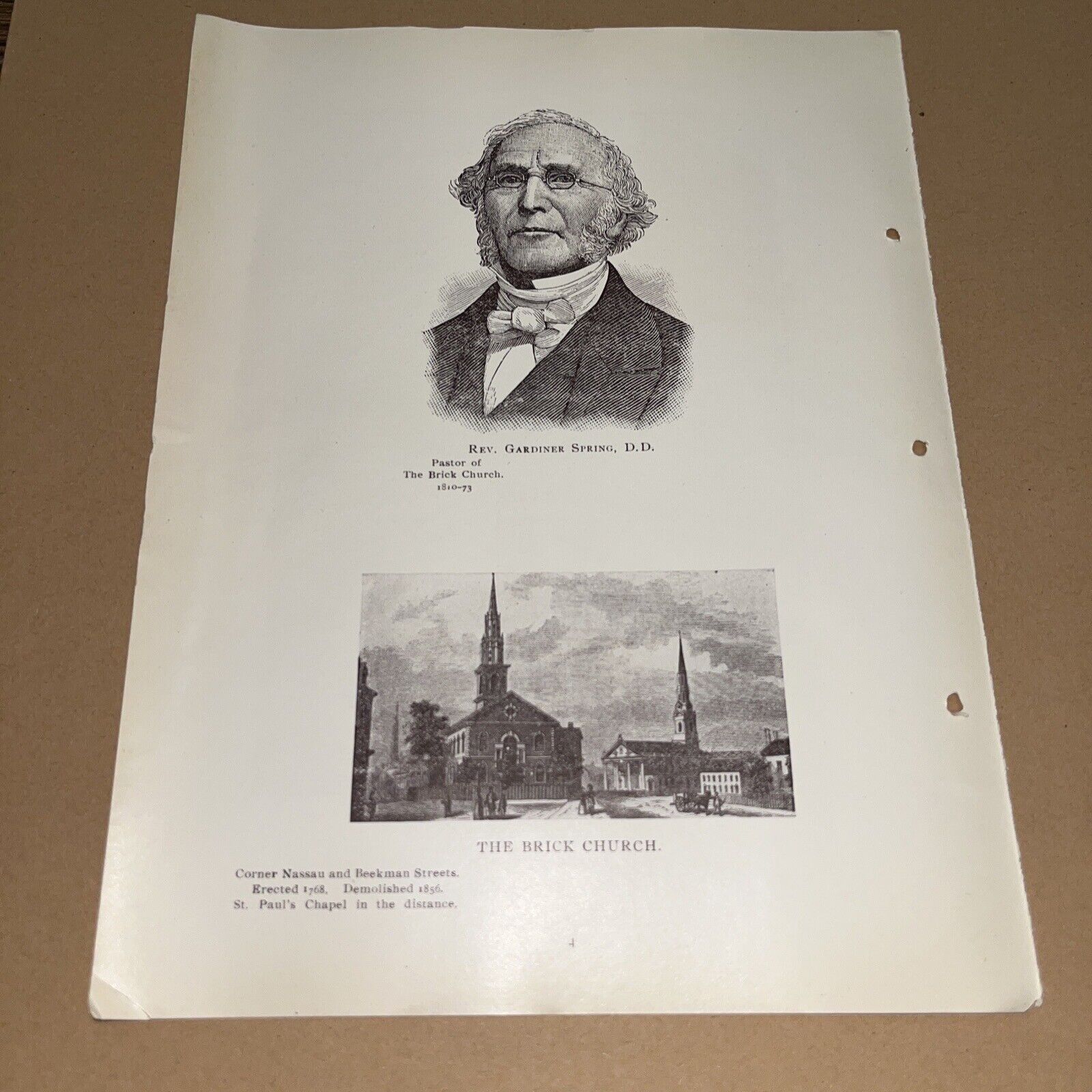 Antique Print The Brick Church & Reverend Gardiner Spring - Old New York City