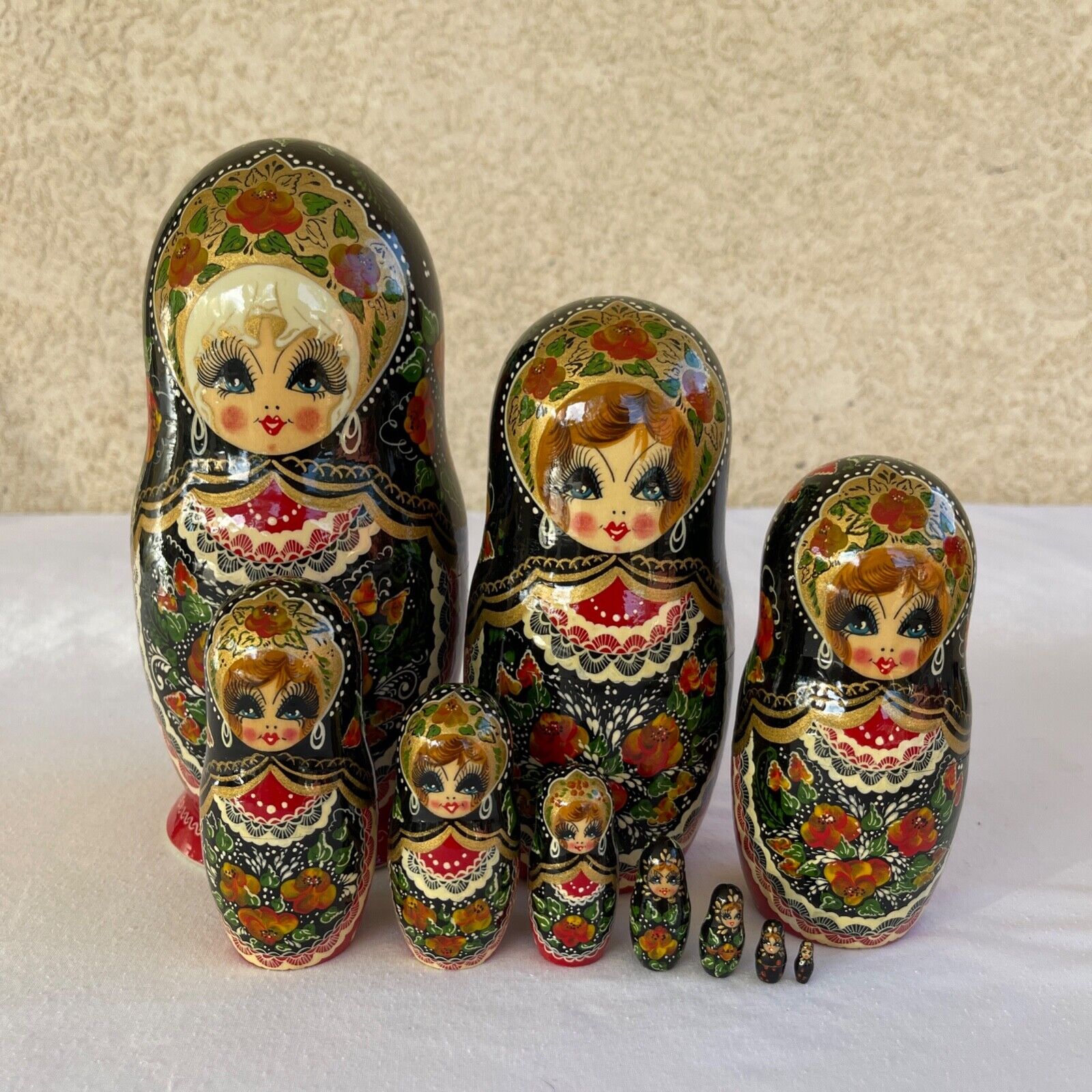 10 Pc VTG Signed CEPRUEB NOCAG Hand Painted Russian Matryoshka Nesting Dolls 7”