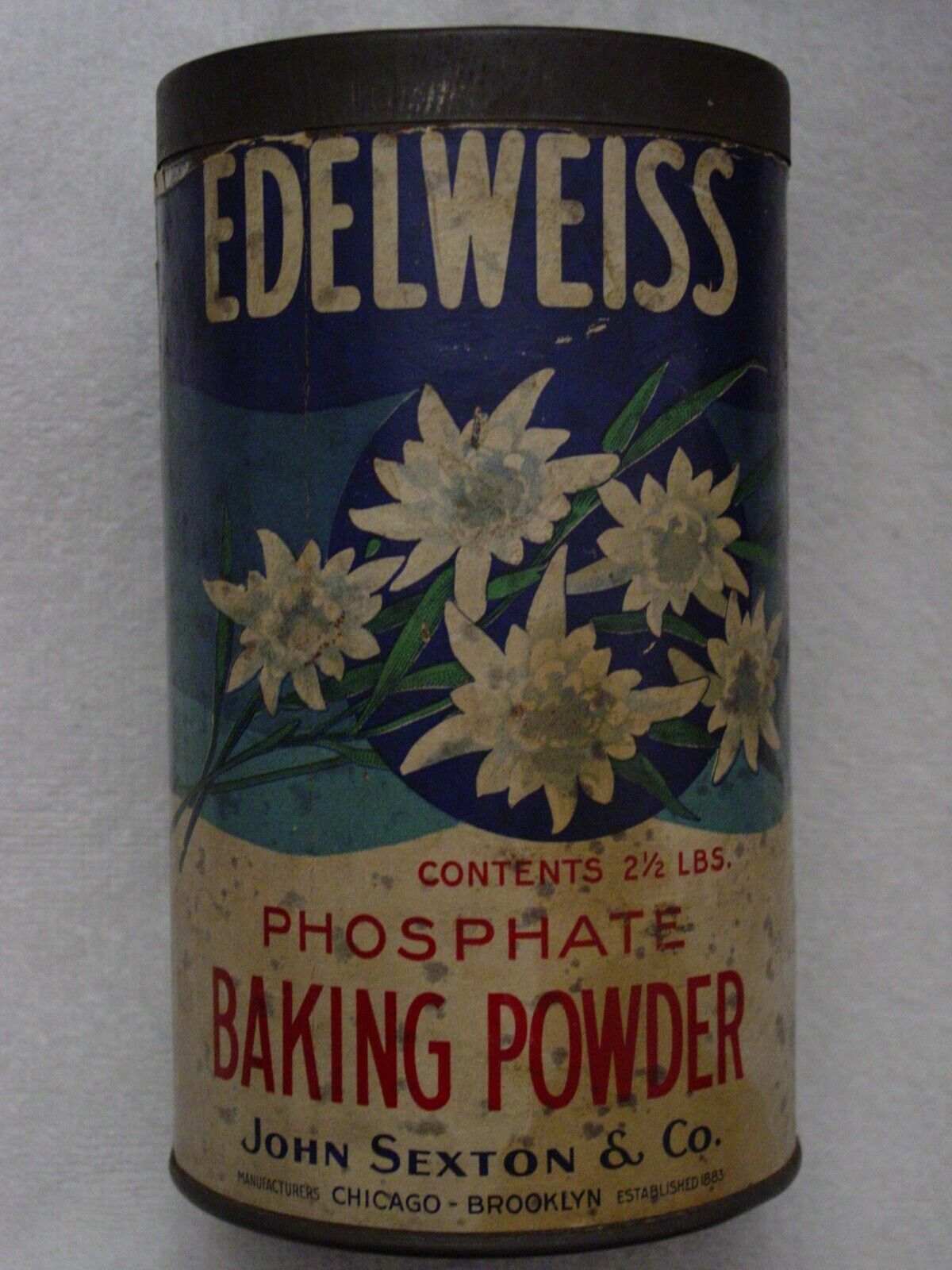 Rare 1935 EDELWEISS Phosphate BAKING POWDER TIN John Sexton & Co  2 1/2# Can&Lid