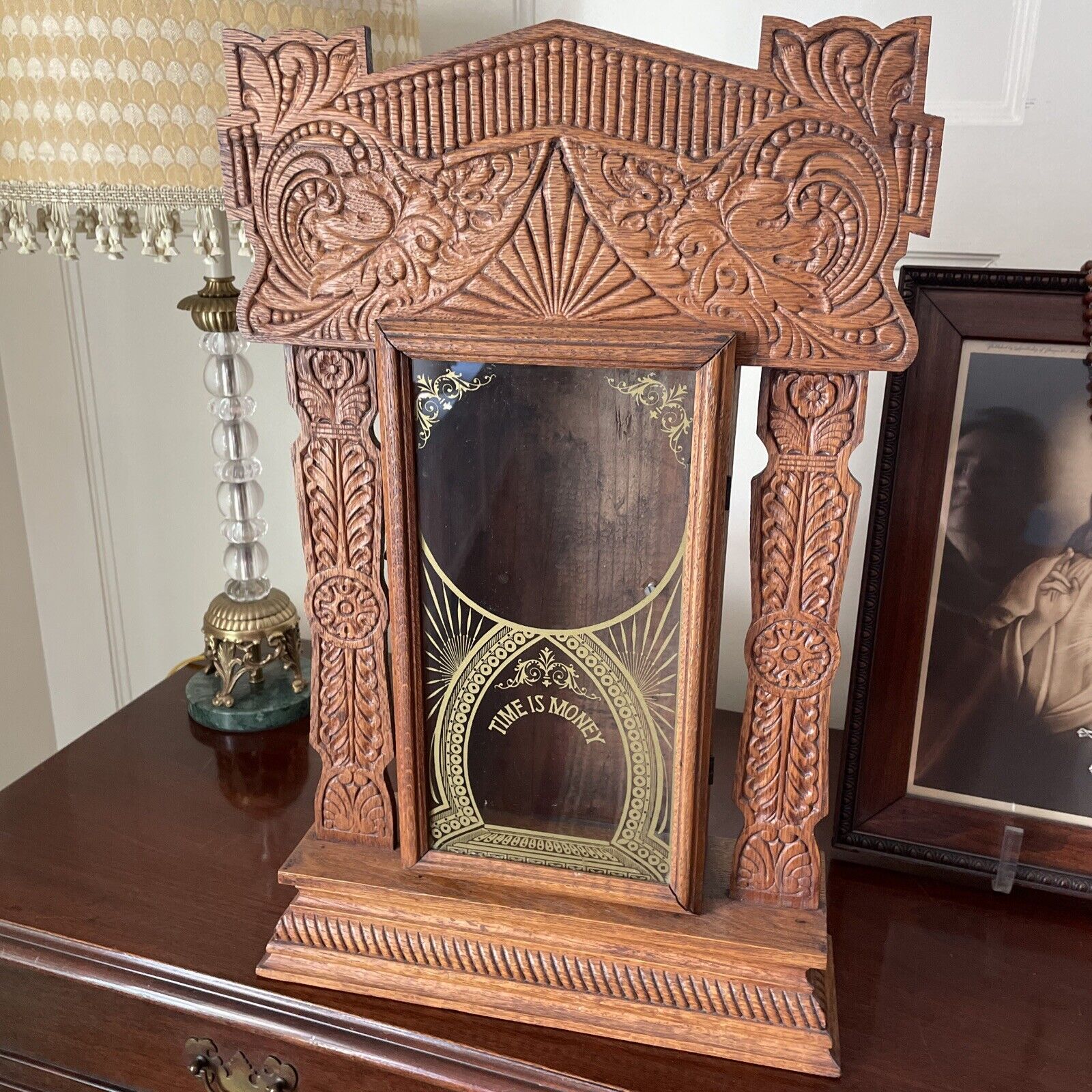 SESSIONS PARLOR CLOCK CASE “Time Is Money” RARE IMMACULATE Oak