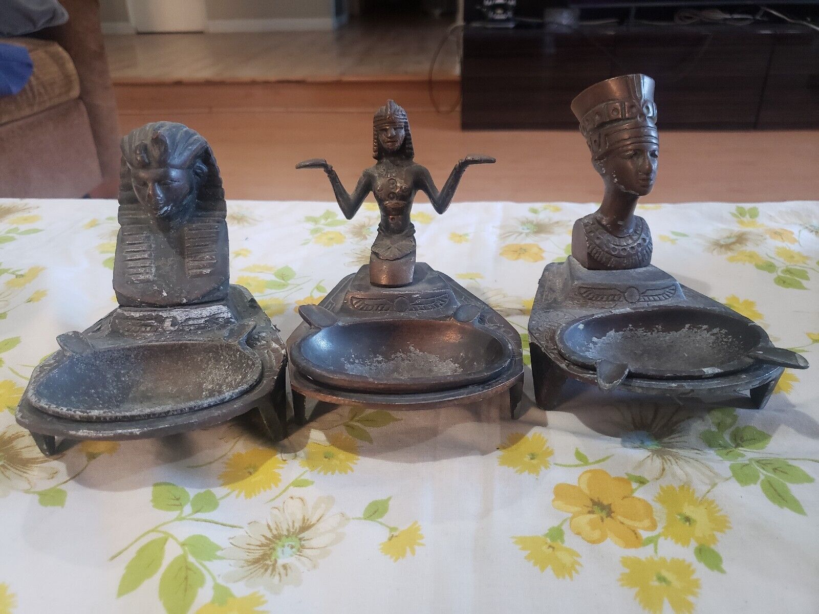 Three Antique Brass Egyptian Ashtrays Art Deco Pharaohs