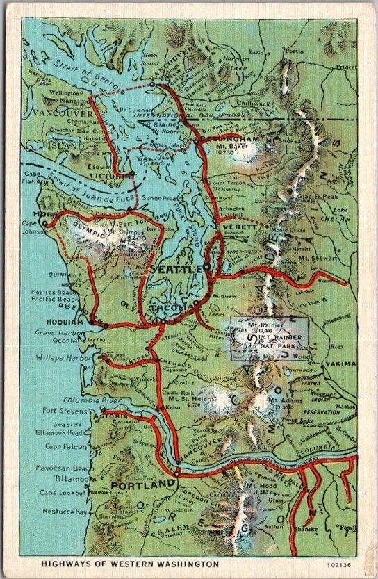 c1930s OLYMPIC PENINSULA MAP Wash. Postcard \