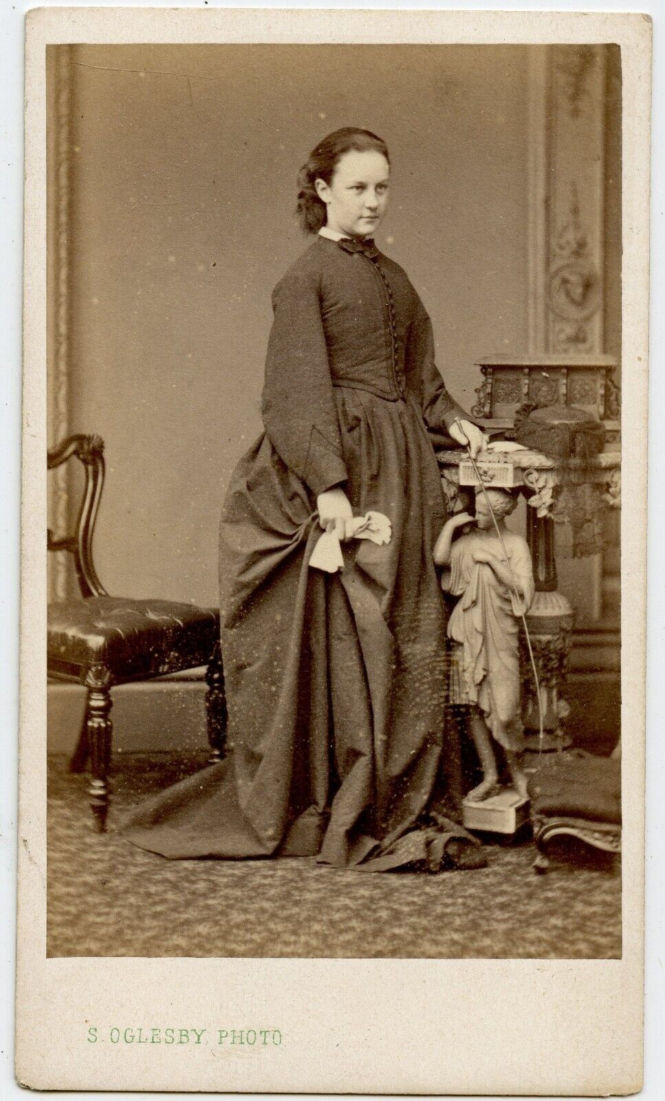 Young Woman - Miss Watson with Statue Vintage CDV Photo by Oglesby , Preston UK