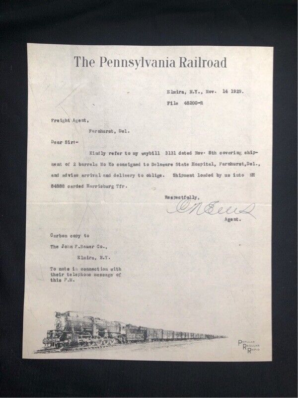 1929 LETTERHEAD THE PENNSYLVANIA RAILROAD ELMIRA NY ILLUS TRAIN