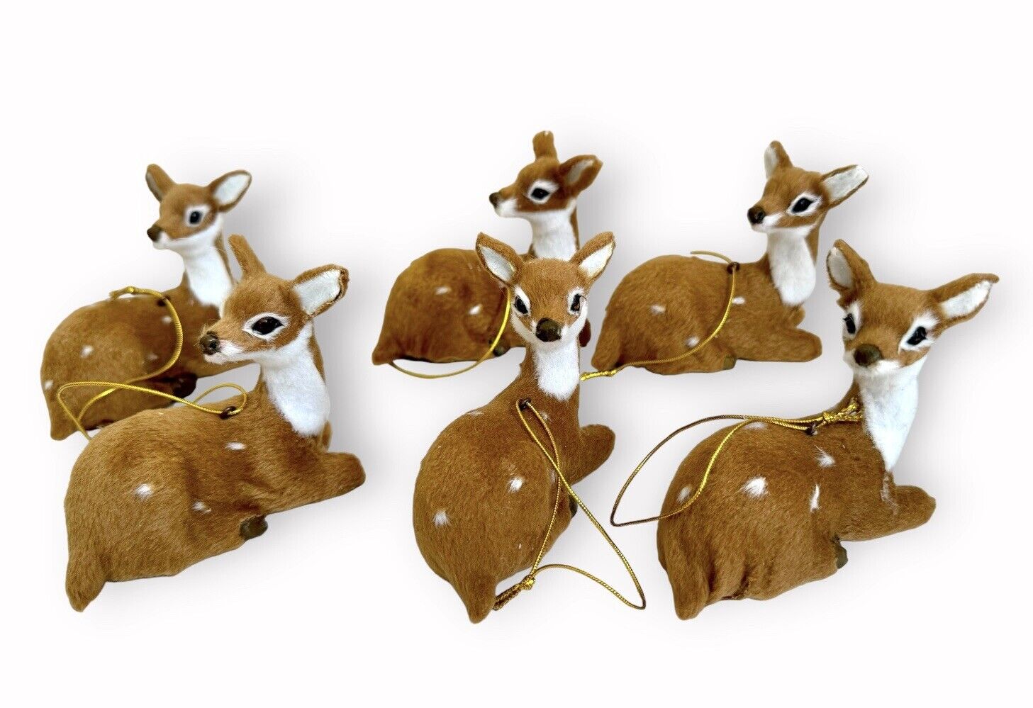 6 Vintage Reindeer Doe Fawn Christmas Ornament Kitsch Faux Fur Woodland Decor