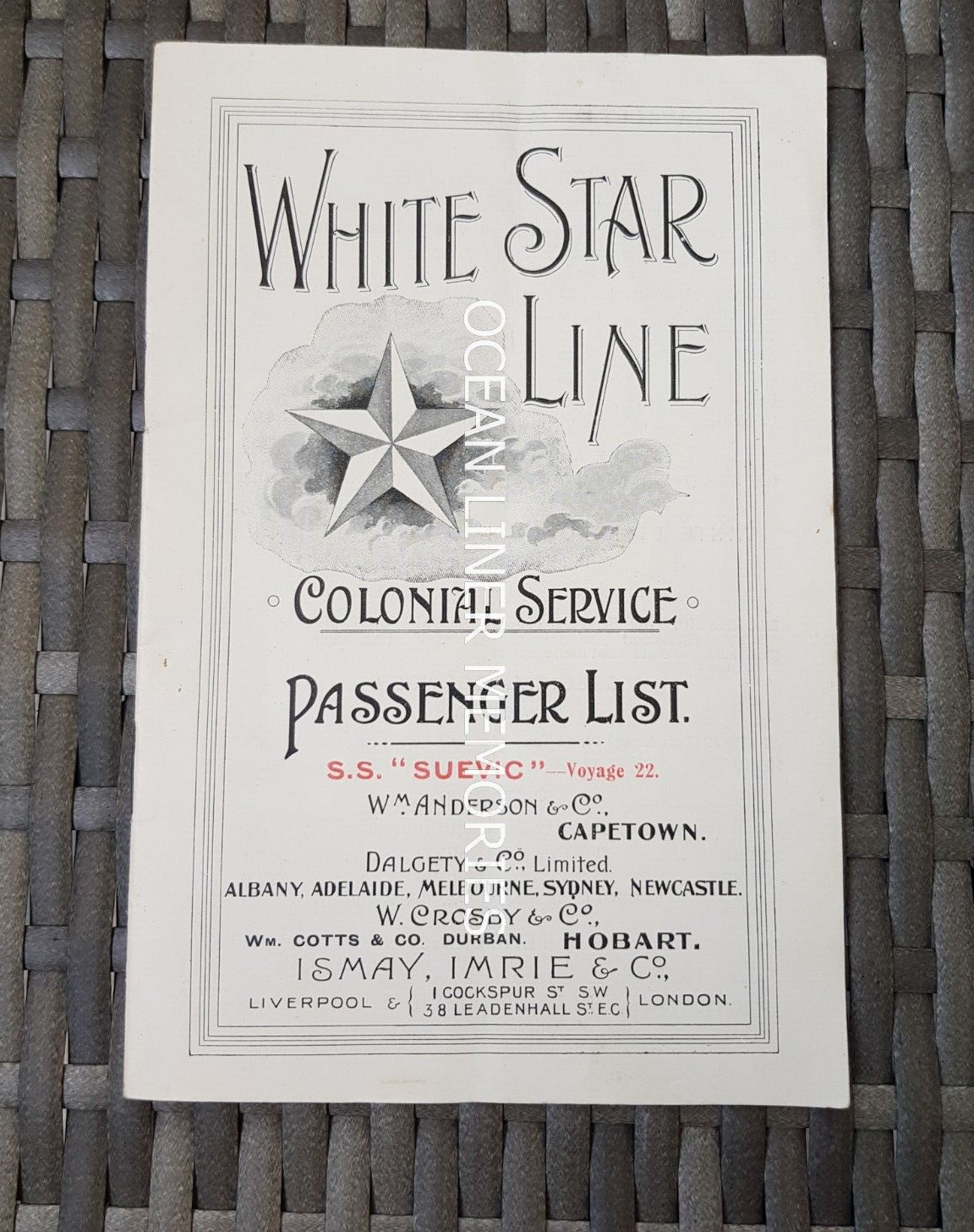 white star line s.s. suevic passenger list titanic olympic building 1910 rare