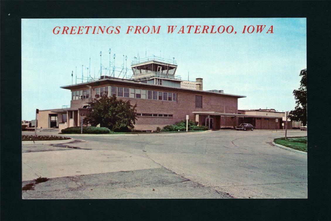 Waterloo Iowa IA c1970s EARLY Municipal Airport, Control Tower and Auto
