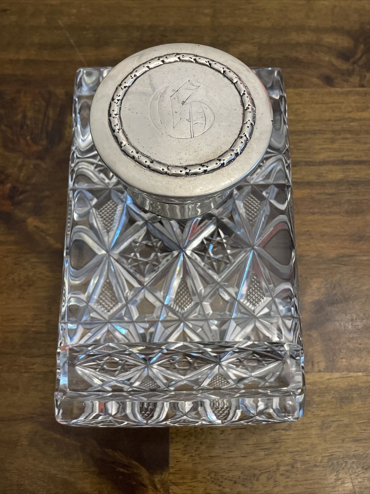 Antique Sterling Silver Heavy Crystal Glass Inkwell Monogrammed Marked W & S