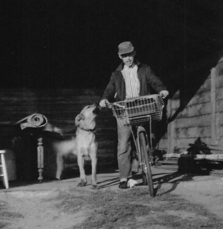 Antique Dog Tugging on Man\'s Coat 1930s Photo Bicycle Barn Garage Fido