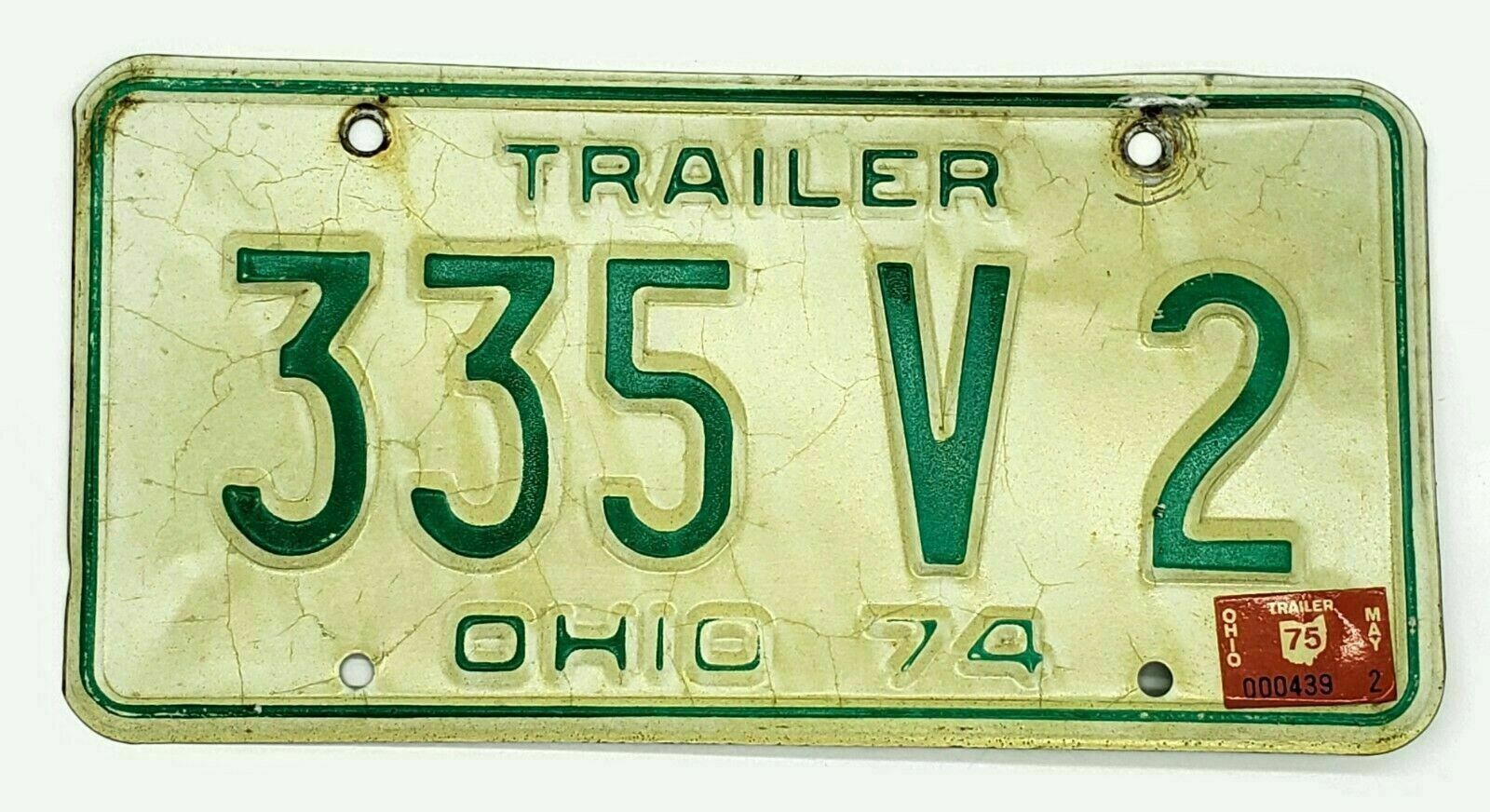 Vintage 1974 Ohio Trailer Green & White License Plate State Car Tag 335-V-2