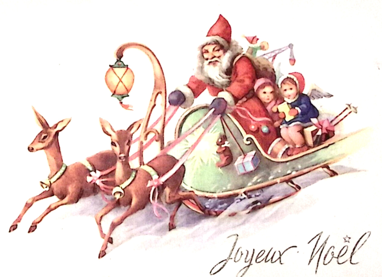 c1919 FRENCH Christmas Postcard Doe Deer Pull Santa in Green Sled with Lantern