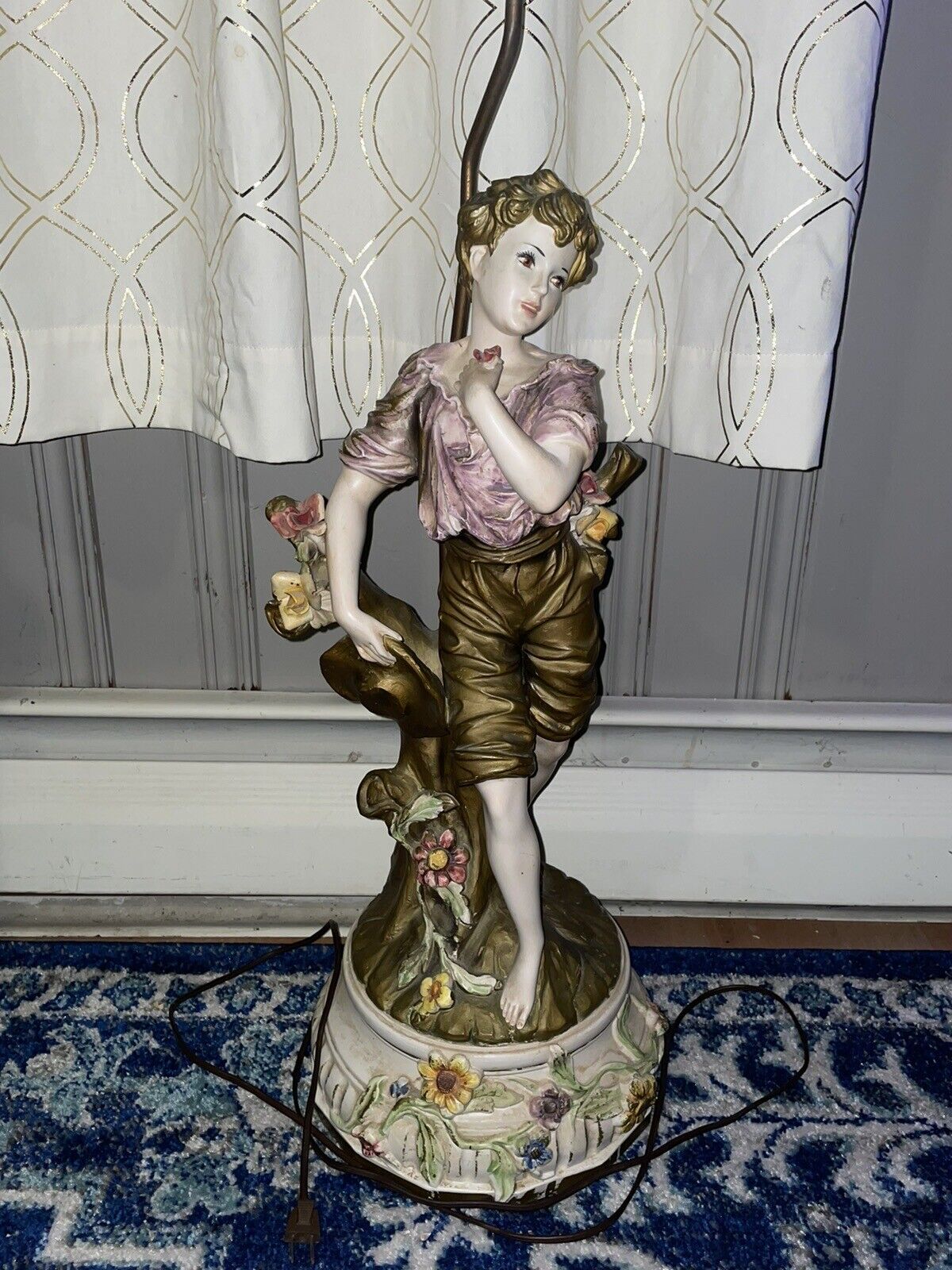 RARE Vintage Victorian Style Flower Boy Porcelain Tall Lamp Statue Made in Italy