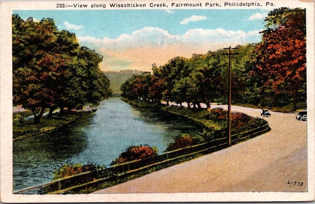 Postcard Pennsylvania Fairmount Park View along Wissahickon Creek Cars 1931 PA