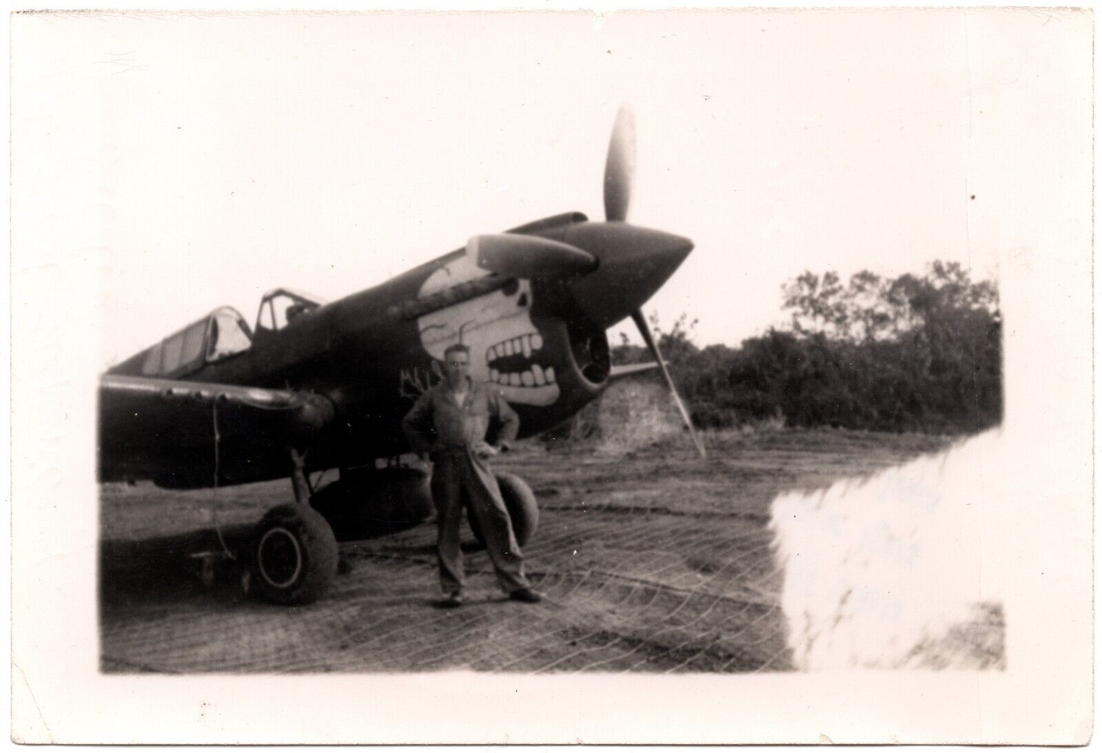 VINTAGE B&W SNAPSHOT C. 1940s CURTIS P-50 WARHAWK FIGHTER PLANE SGT FALKENBERG