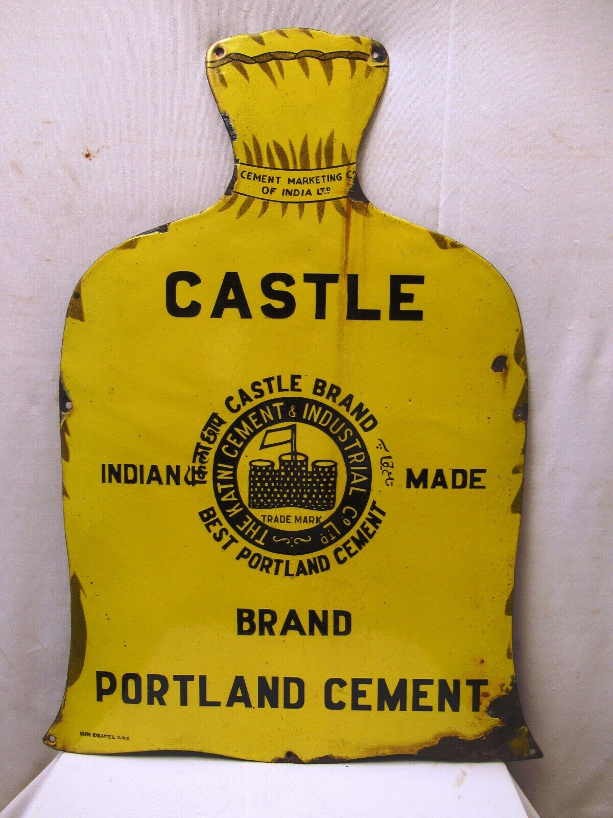 Vintage Portland Cement Sign Board Porcelain Enamel Castle Brand Die Cut Bag \