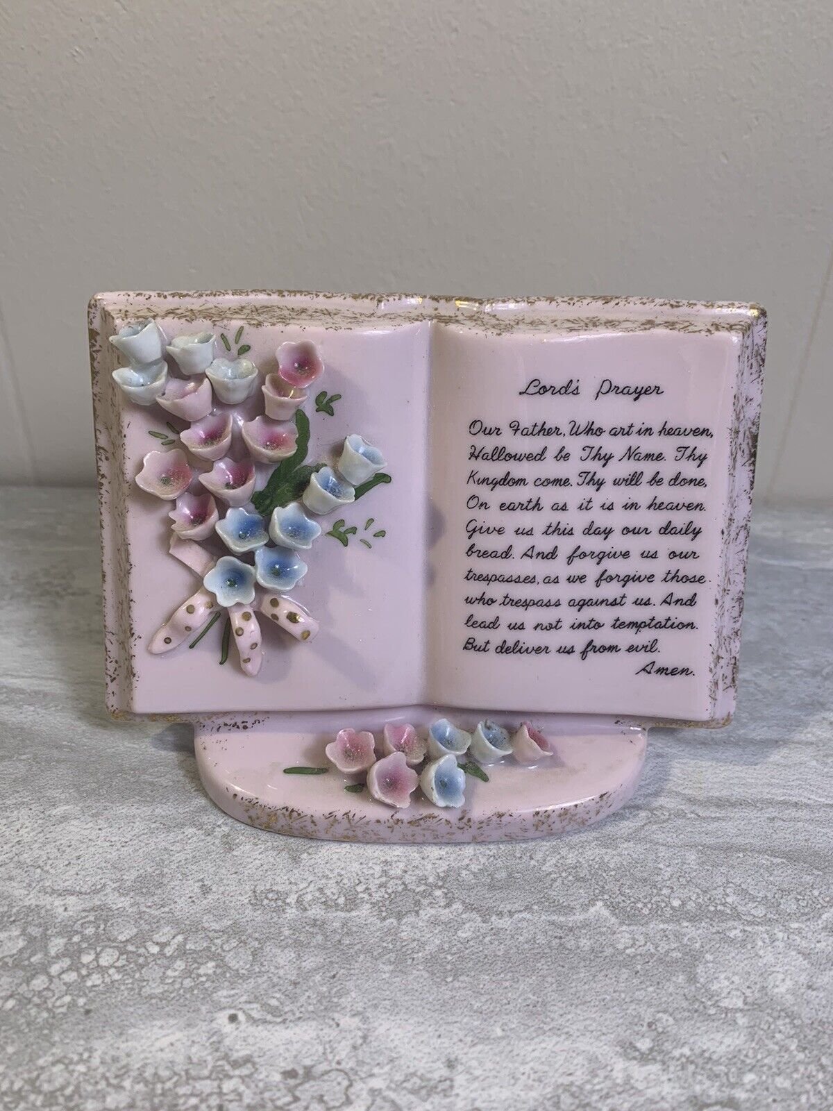 Vintage Norcrest Ceramic Lord’s Prayer Pink Planter Vase Roses Open Book Flowers