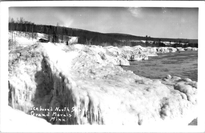 Vintage RPPC Postcard Ice Bound North Shore Grand Marais MN Real Photo 1945