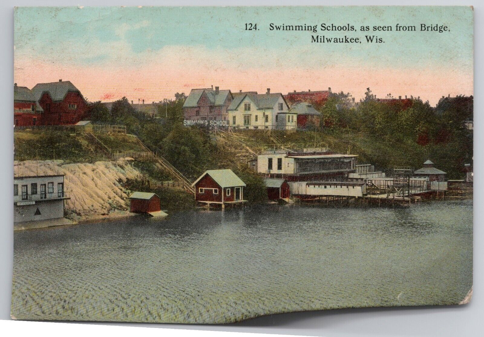 1908 Postcard Swimming Schools As Seen From Bridge Milwaukee Wisconsin WI